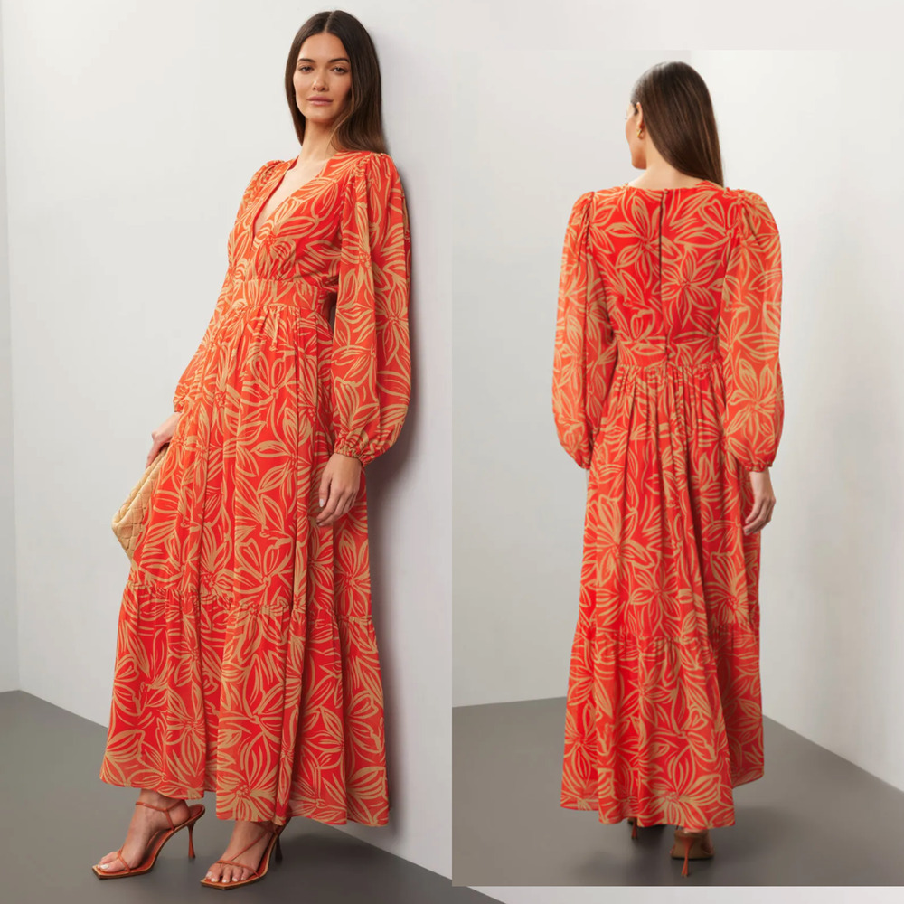 TOCCIN X RTR V-Neck Red and Orange Printed Maxi Dress - Size 4